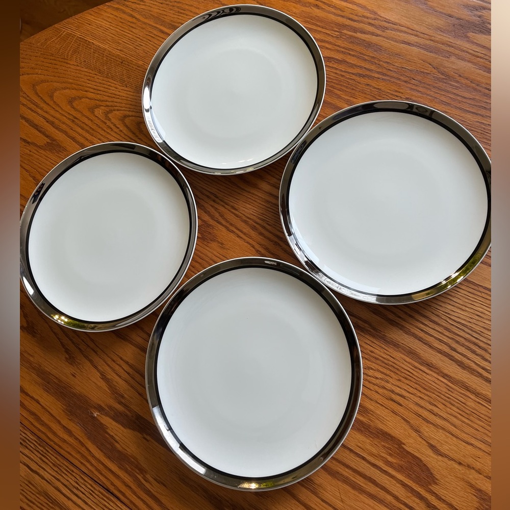 Set of 4 MIKASA SOLITUDE  Bone China 7-1/2" Salad Plates A5-166 Silver Trim